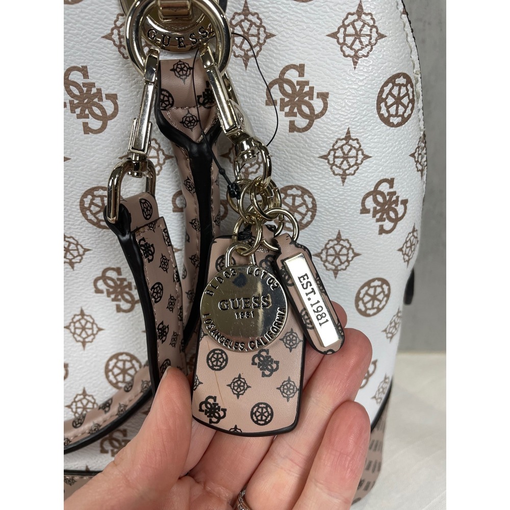 Guess Bella Vita Dome Satchel Handbag White Brown Logo Print Convertible Strap - Picture 10 of 15